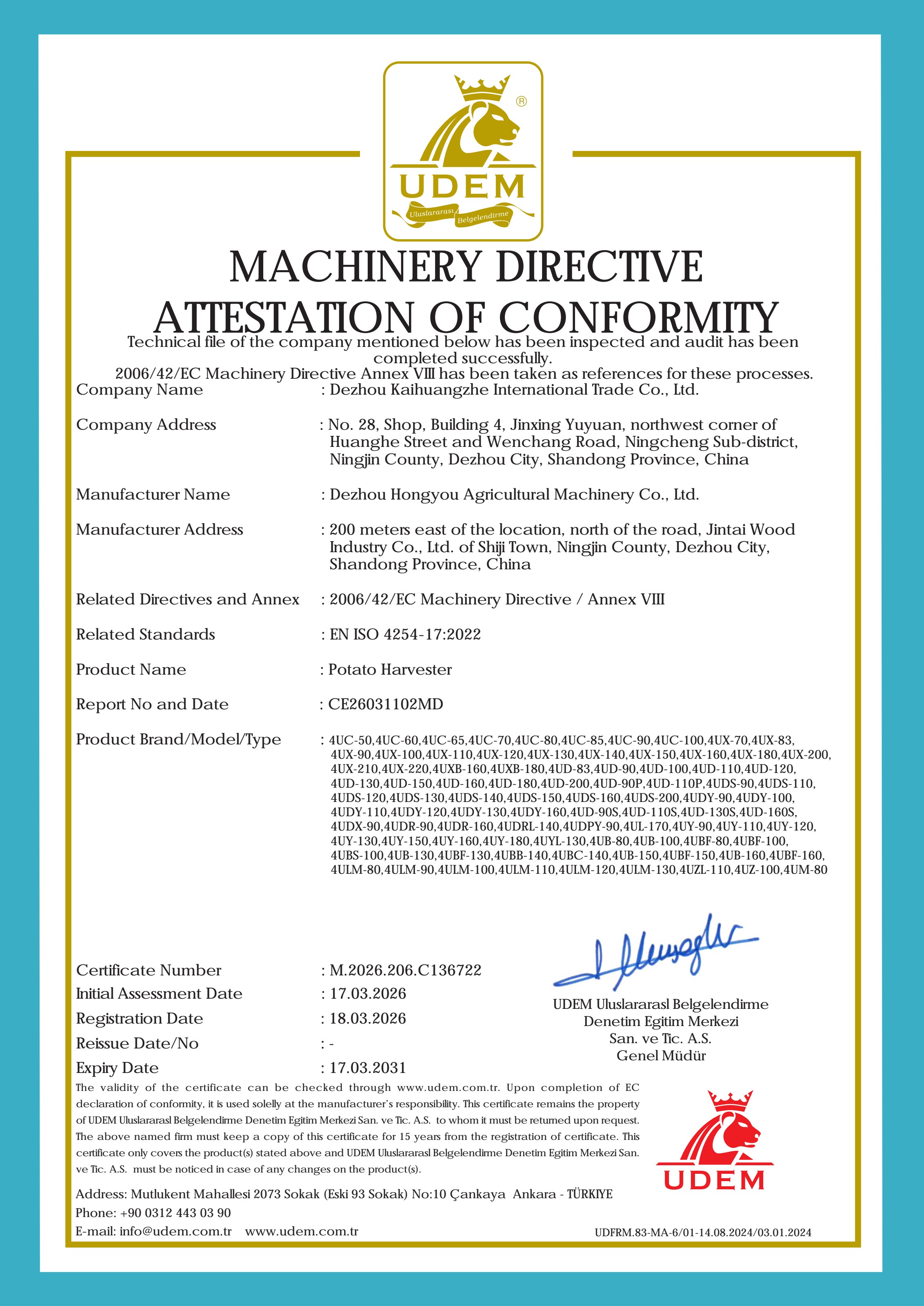 CE — EU Machinery Directive (Potato Harvesters)