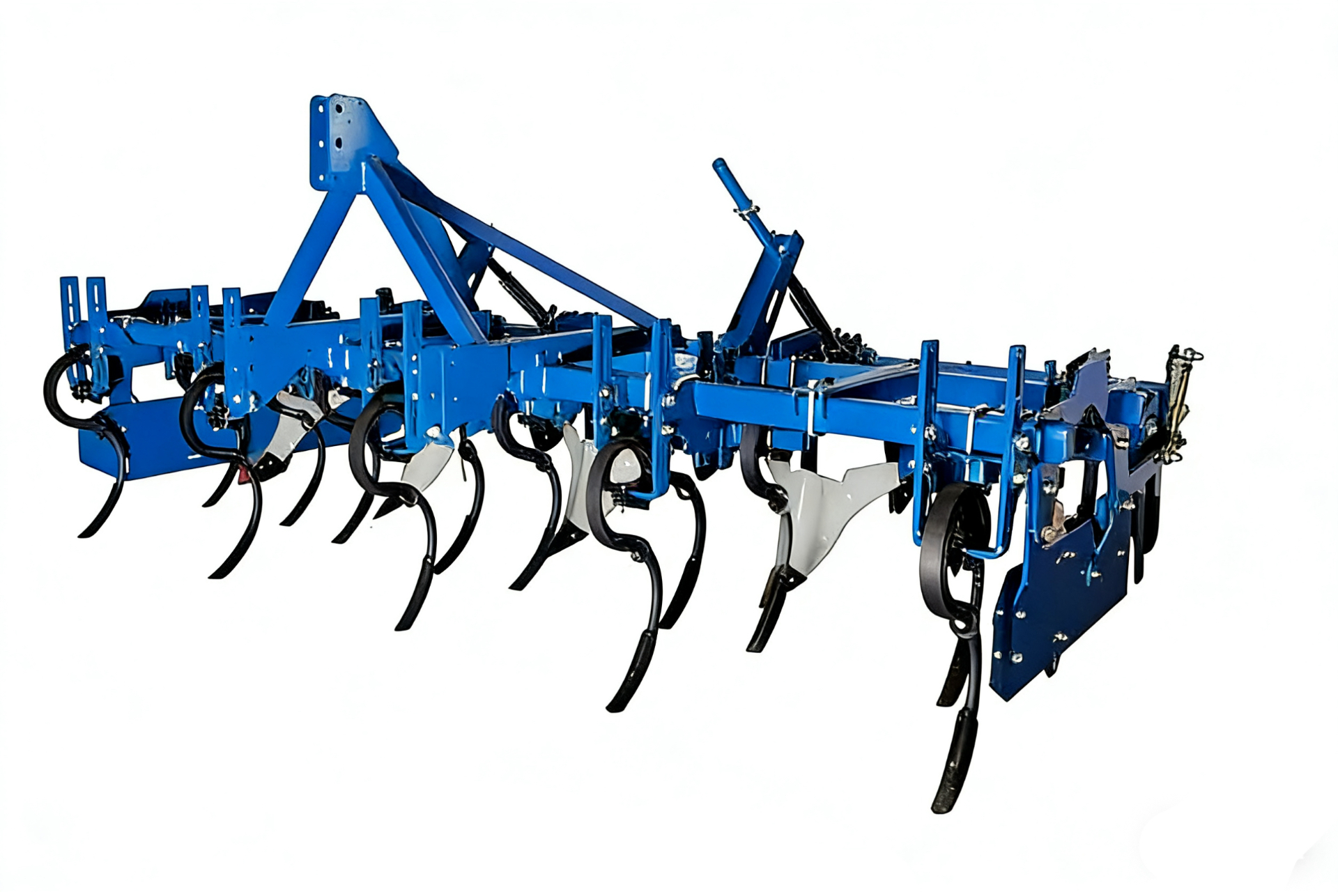 Rear-quarter studio view — spring-tine shanks, ridging plates and depth wheels