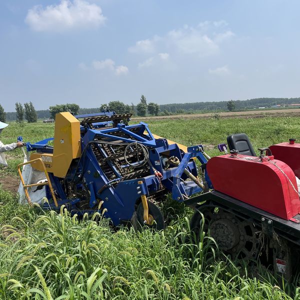 Field side view — harvester matched with crawler tractor
