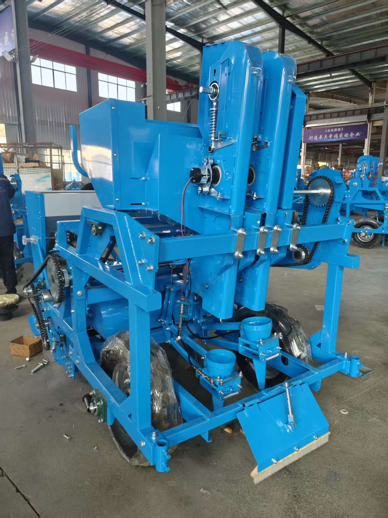 Rear view — twin planting units and frame structure